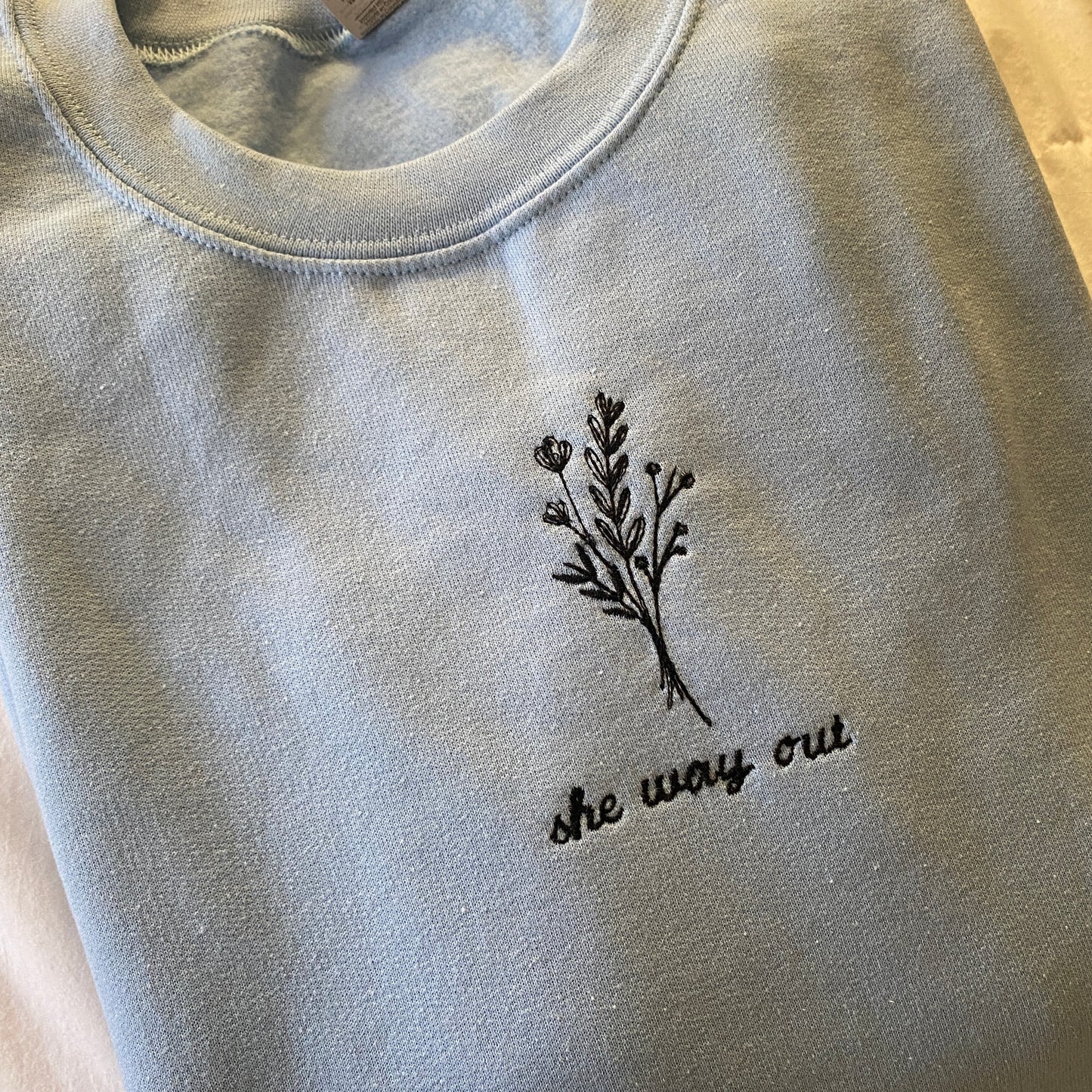 She Way out Embroidered Sweatshirt - Light Blue Medium (Please read item description below)