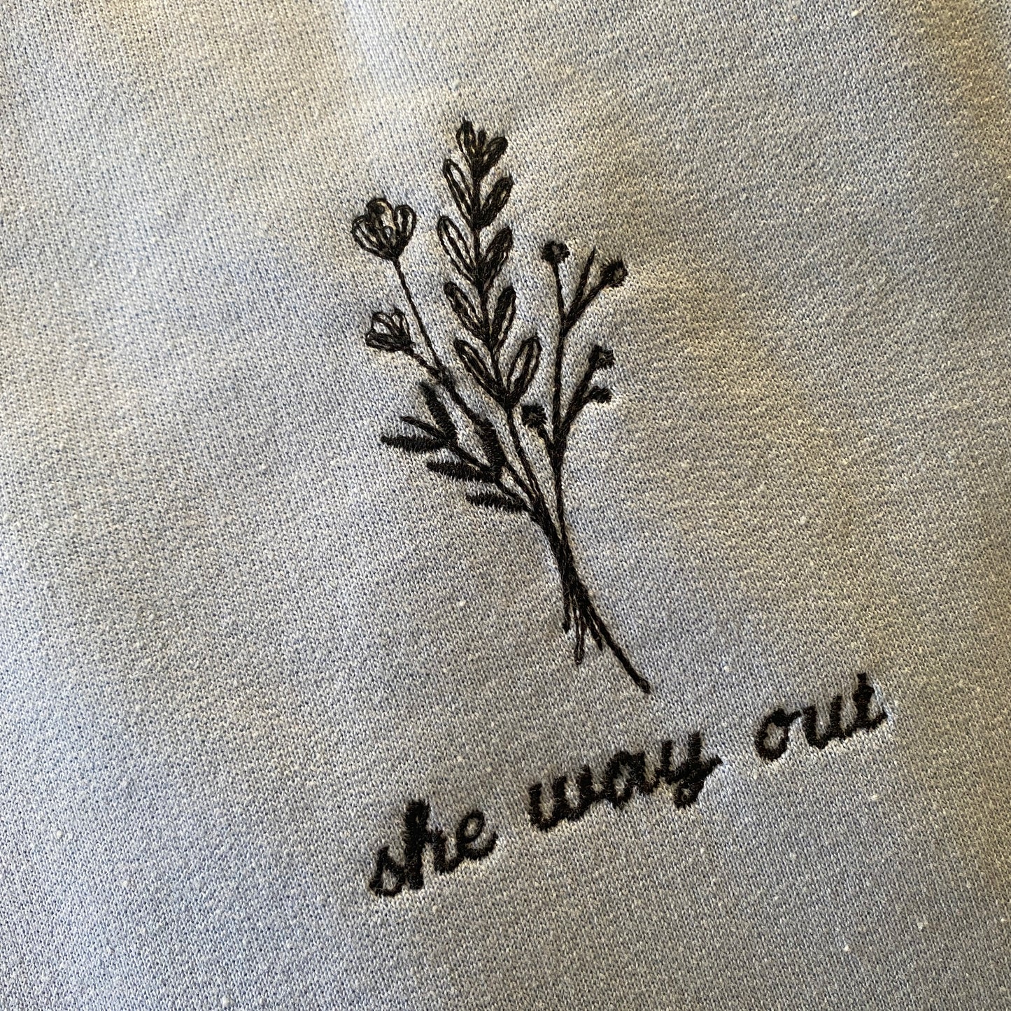 She Way out Embroidered Sweatshirt - Light Blue Medium (Please read item description below)