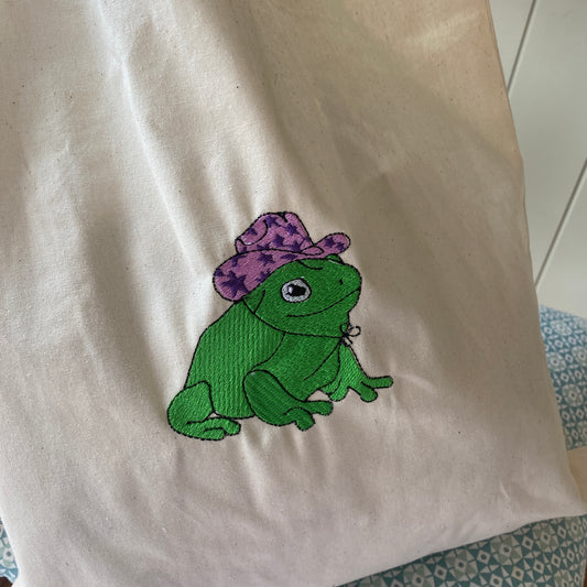 Cowboy frog embroidered tote bag